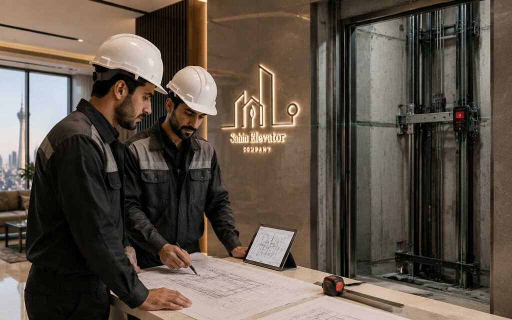 این تصویر نشان میدهد که نصب آسانسور یک فرآیند مهندسی و برنامهریزی شده است و پیش از اجرای پروژه، کارشناسان باید شرایط ساختمان، فضای نصب و تجهیزات مورد نیاز را بررسی کنند. استفاده از چنین تصویری باعث افزایش حس اعتماد مخاطب نسبت به خدمات تخصصی نصب آسانسور میشود.